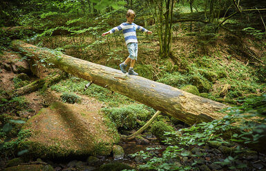 Little girl balancing on tree trunk in the woods - DIKF00262