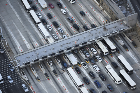 USA, New Jersey, traffic entering New York City via the Lincoln Tunnel, aerial view stock photo