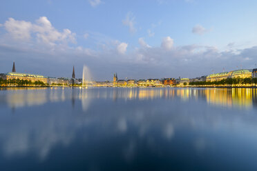 Germany, Hamburg, panoramic view of Inner Alster and Alster fountain in the evening - RJF00709