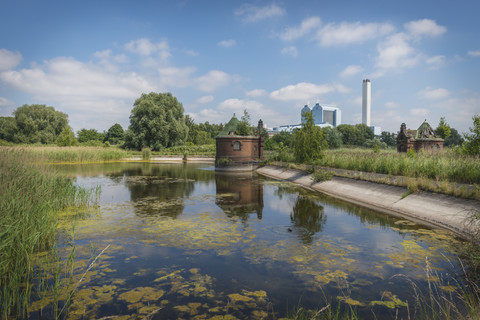 Deutschland, Hamburg, Elbinsel Kaltehofe mit Kraftwerk Tiefstack im Hintergrund, lizenzfreies Stockfoto