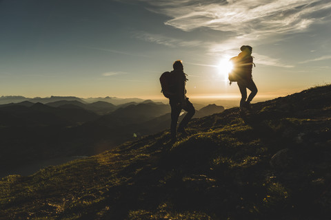 Austria, Salzkammergut, Couple hiking in the mountains stock photo