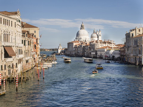 Italy, Venice, view to Canal Grande and Santa Maria della Salute church seen from Ponte dell'Accademia stock photo