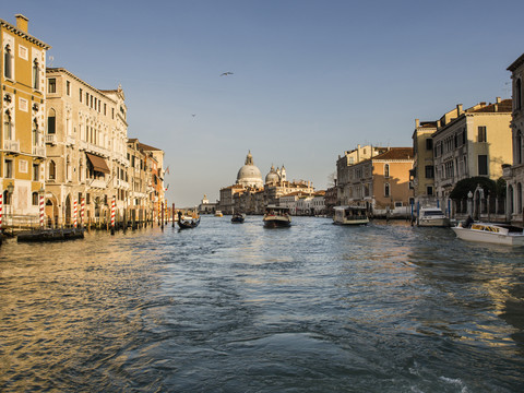 Italien, Venedig, Blick auf den Canal Grande und die Kirche Santa Maria della Salute vom Boot aus gesehen, lizenzfreies Stockfoto