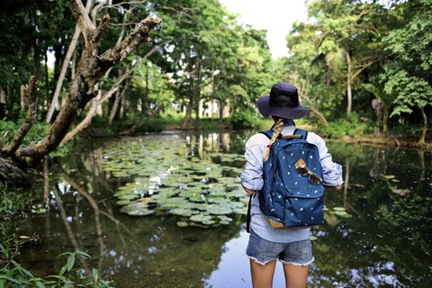 Rückenansicht einer Frau mit Rucksack und Blick auf den See, lizenzfreies Stockfoto