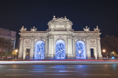 Spain, Madrid, Puerta de Alcala at night stock photo