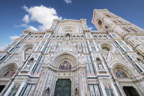 Italy, Florence, view to Basilica di Santa Maria del Fiore and Campanile di Giotto from below stock photo