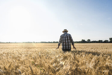 Rückenansicht eines älteren Landwirts in einem Weizenfeld - UUF11164