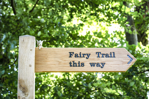 UK, Scotland, East Lothian, sign post to fairy trail stock photo