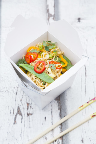 Box of mie noodles with vegetables stock photo