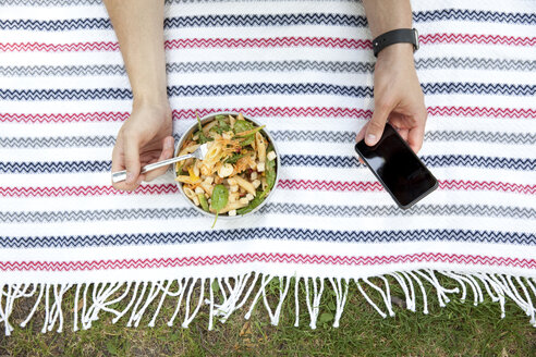 Mann isst Nudelsalat auf einer Decke in einem Park, während er ein Mobiltelefon benutzt, Teilansicht - MFRF00920
