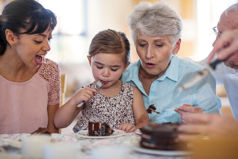Grandparents celebrating a birthday with their granddaughter, eating chocolate cake - ZEF14258