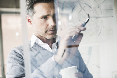 Portrait of architect checking construction plan on glass pane in office - UUF11240