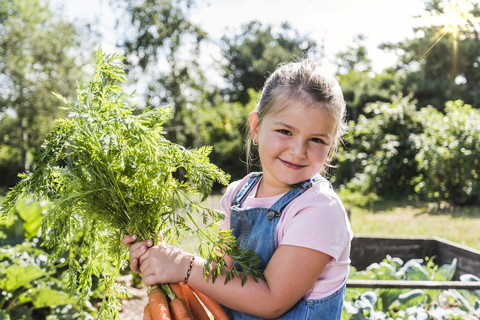 Porträt eines lächelnden Mädchens im Garten, das ein Bündel Karotten hält, lizenzfreies Stockfoto