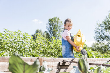 Mädchen im Garten beim Gießen von Pflanzen - UUF11317