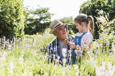 Grandfather and granddaughter in lavender field - UUF11326