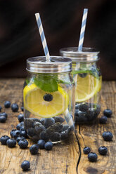 Zwei Gläser Mineralwasser mit Zitronenscheiben, Blaubeeren und Minze - LVF06252