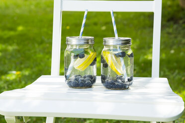 Zwei Gläser Mineralwasser mit Zitronenscheiben, Blaubeeren und Minze auf einem Gartenstuhl - LVF06253