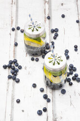 Two glasses of infused water with lemon slices, blueberries and mint - LVF06255