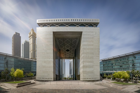 United Arab Emirates, Dubai, Gate Building in the Dubai international Financial Centre stock photo