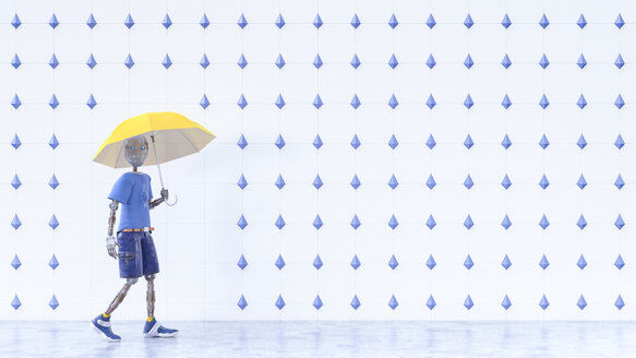 Roboter mit gelbem Regenschirm geht im Regen spazieren - AHUF00413