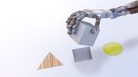 Roboterhand, die einen Würfel in ein passendes Loch steckt - AHUF00414