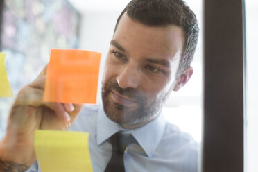 Businessman in office writing on adhesive note on glass wall - FKF02479