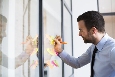 Businessman in office writing on adhesive note on glass wall - FKF02480