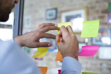 Close-up of man in office writing on adhesive note on glass wall - FKF02482