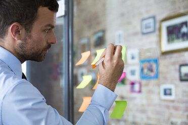 Businessman in office writing on adhesive note on glass wall - FKF02483