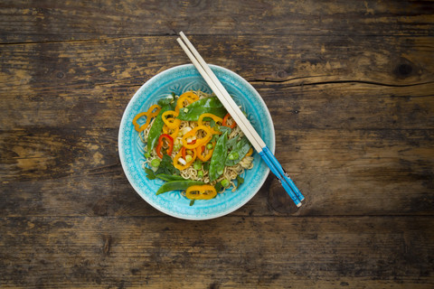Bowl of mie noodles with vegetables stock photo