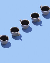 Fünf Kaffeetassen auf hellblauem Grund, 3D Rendering - DRBF00011