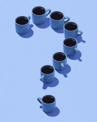 Question mark built of coffee mugs on light blue ground, 3D Rendering - DRBF00014