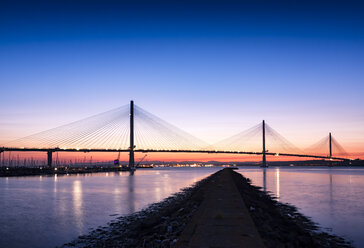 UK, Scotland, Fife, Edinburgh, Firth of Forth estuary, Queensferry Crossing Bridge at sunset - SMAF00814