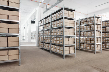 Kartons auf Regalen in einer Fabrik - RHF02029
