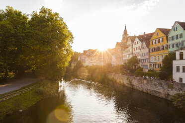 Germany, Tuebingen, view to the city with Neckar River in the foreground at evening twilight - WDF04084