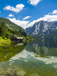 Austria, Styria, Altaussee, boathouse at Altausseer See with Trisselwand at in the background - AMF05452
