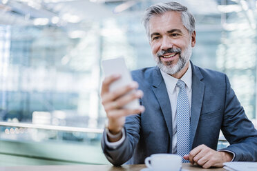 Smiling businessman in a cafe looking at cell phone - DIGF02627