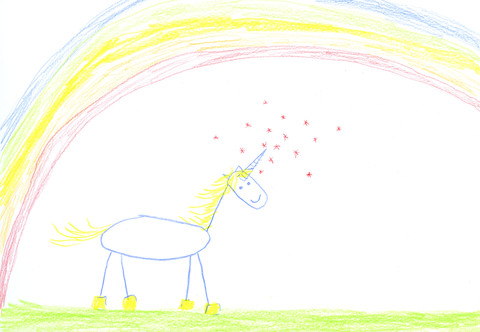 Child's drawing of unicorn on paper stock photo