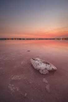 Spain, Alicante, Salinas de Torrevieja, Sunset over pink lake - DHCF00143