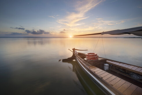 Spain, Valencia, Boat on a tranquil lake in La Albufera Natural Park - DHCF00144