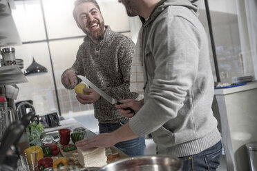 Zwei glückliche Männer bereiten in der Küche eine Mahlzeit zu - ZEF14469