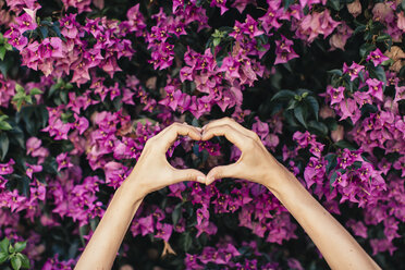 Die Hände einer Frau formen ein Herz vor rosa Blüten - JPF00272