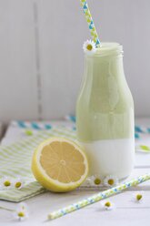 Glasflasche mit grünem Smoothie mit Avocado, Honigmelone, Zitrone, Milch und Joghurt - YFF00668