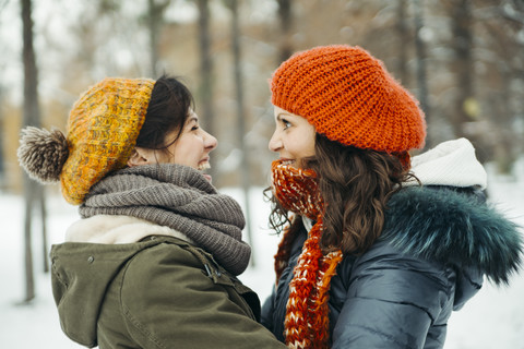 Two best friends face to face in the snow stock photo