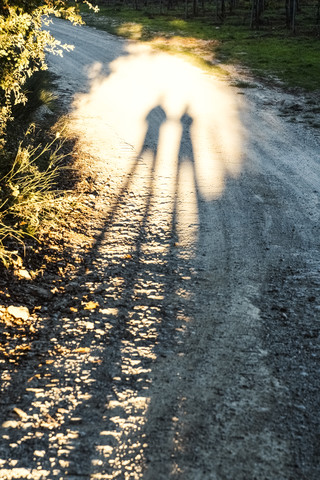 Italy, Tuscany, shadows of people on dirt track stock photo