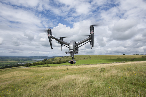 Flying drone stock photo
