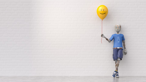 Robot holding smiley balloon, 3d rendering stock photo