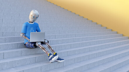 Roboter, der auf einer Treppe sitzt und einen Laptop benutzt, 3d-Rendering - AHUF00422