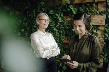Zwei Geschäftsfrauen mit Tablet im grünen Büro - JOSF01445