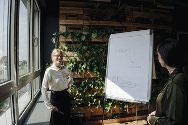 Zwei Geschäftsfrauen arbeiten mit einem Flipchart in einem grünen Büro - JOSF01468